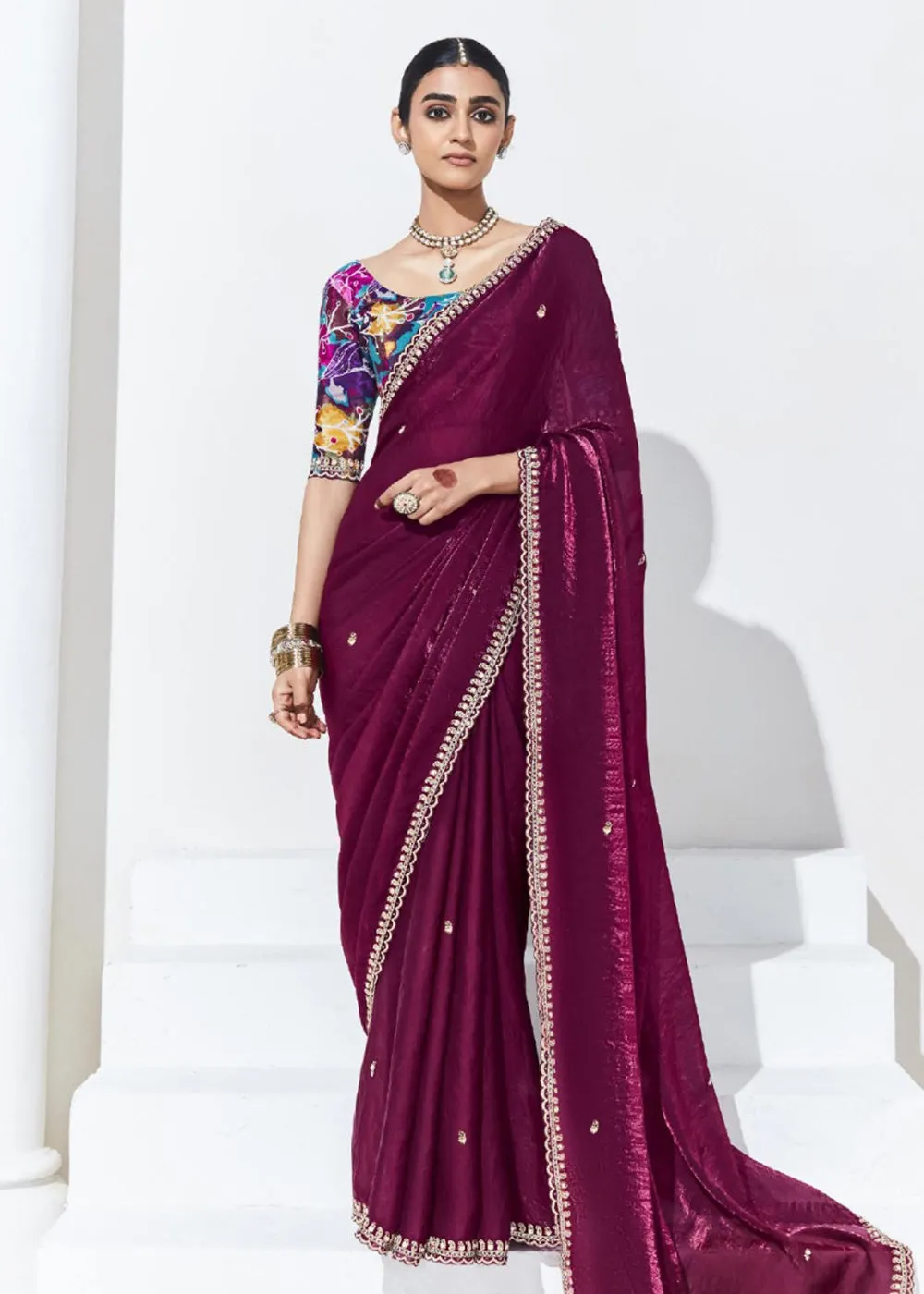 Stunning Maroon Organza Embroidered Party Wear Saree