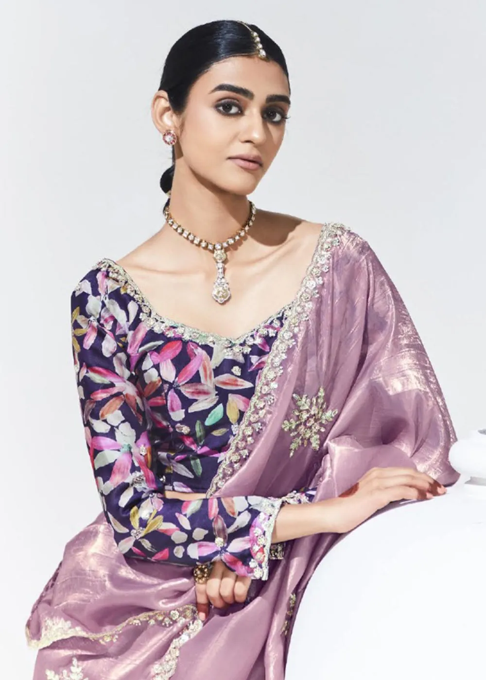 Stunning Mauve Organza Embroidered Party Wear Saree