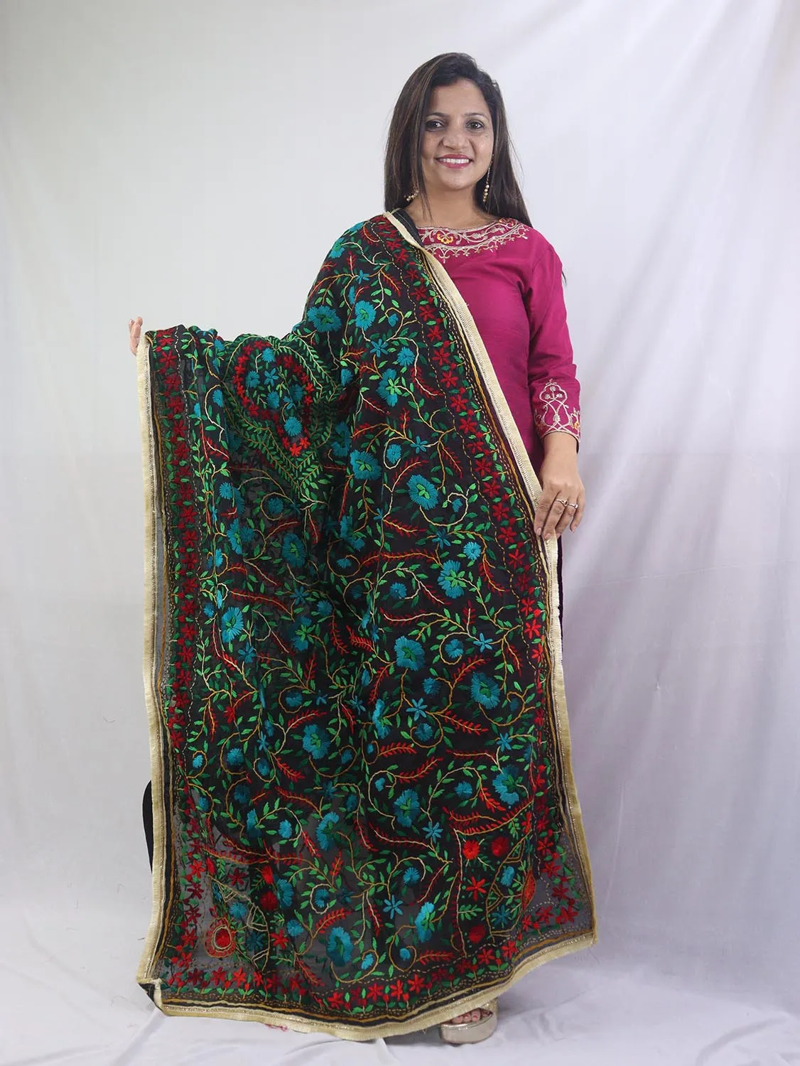 Stunning Multicolor Embroidered Phulkari Chanderi Silk Dupatta