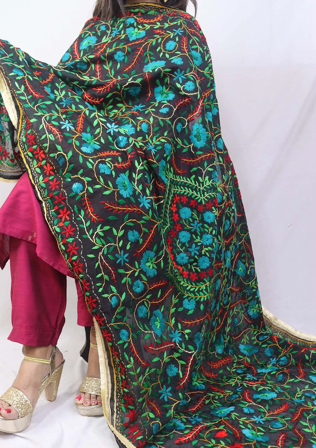 Stunning Multicolor Embroidered Phulkari Chanderi Silk Dupatta