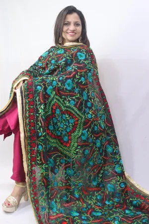 Stunning Multicolor Embroidered Phulkari Chanderi Silk Dupatta