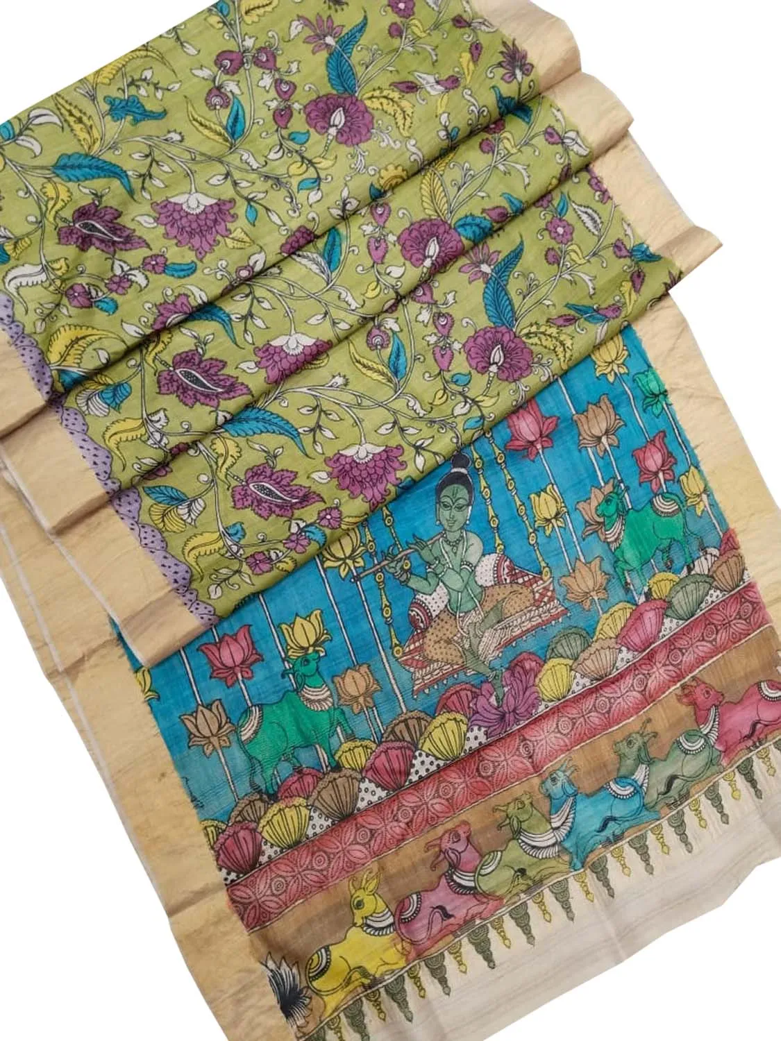 Stunning Multicolor Hand Pen Kalamkari Tussar Silk Saree