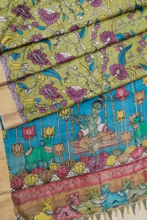 Stunning Multicolor Hand Pen Kalamkari Tussar Silk Saree