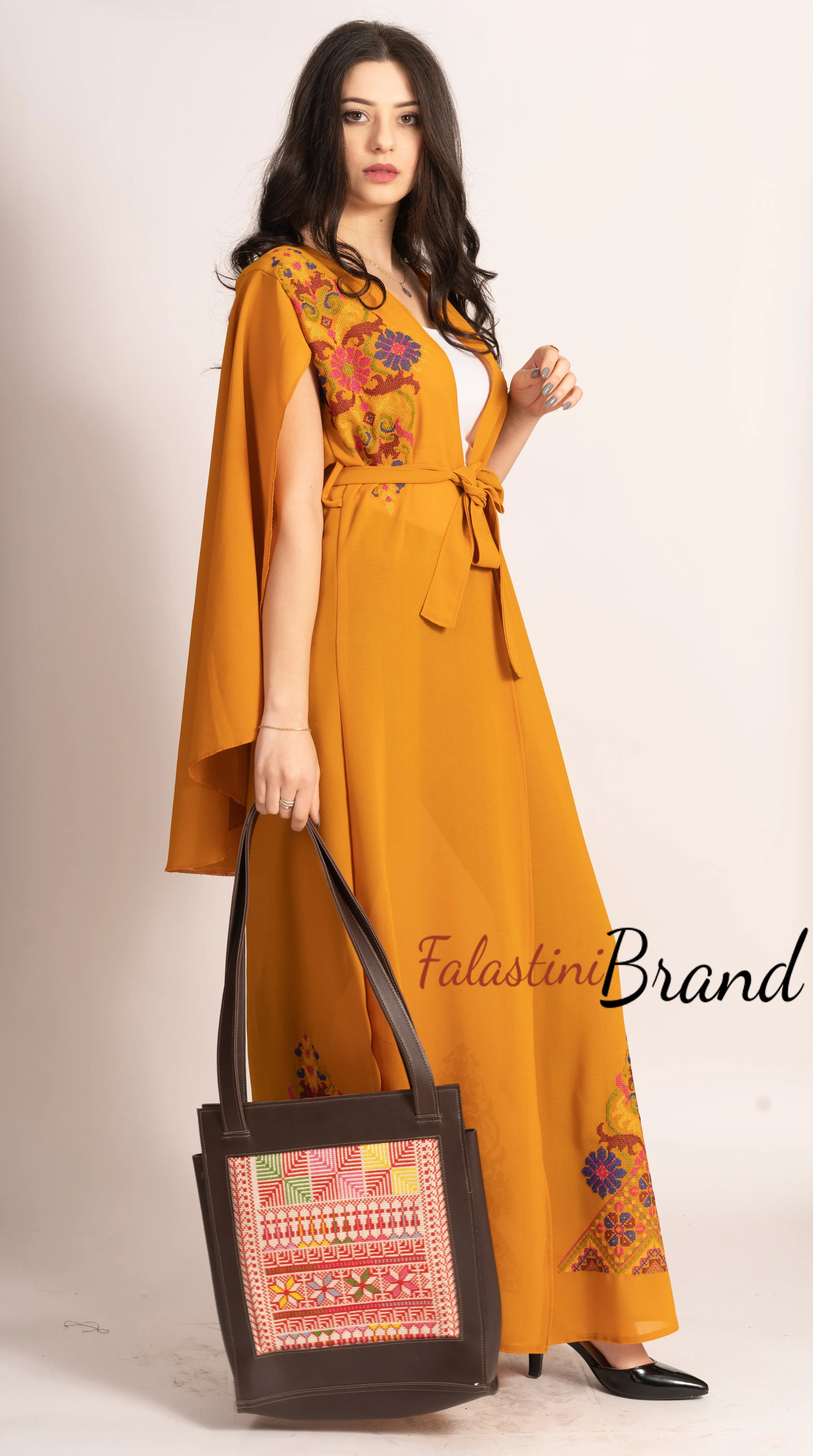 Stunning Ochre Georgette Embroidered Open Cape Abaya