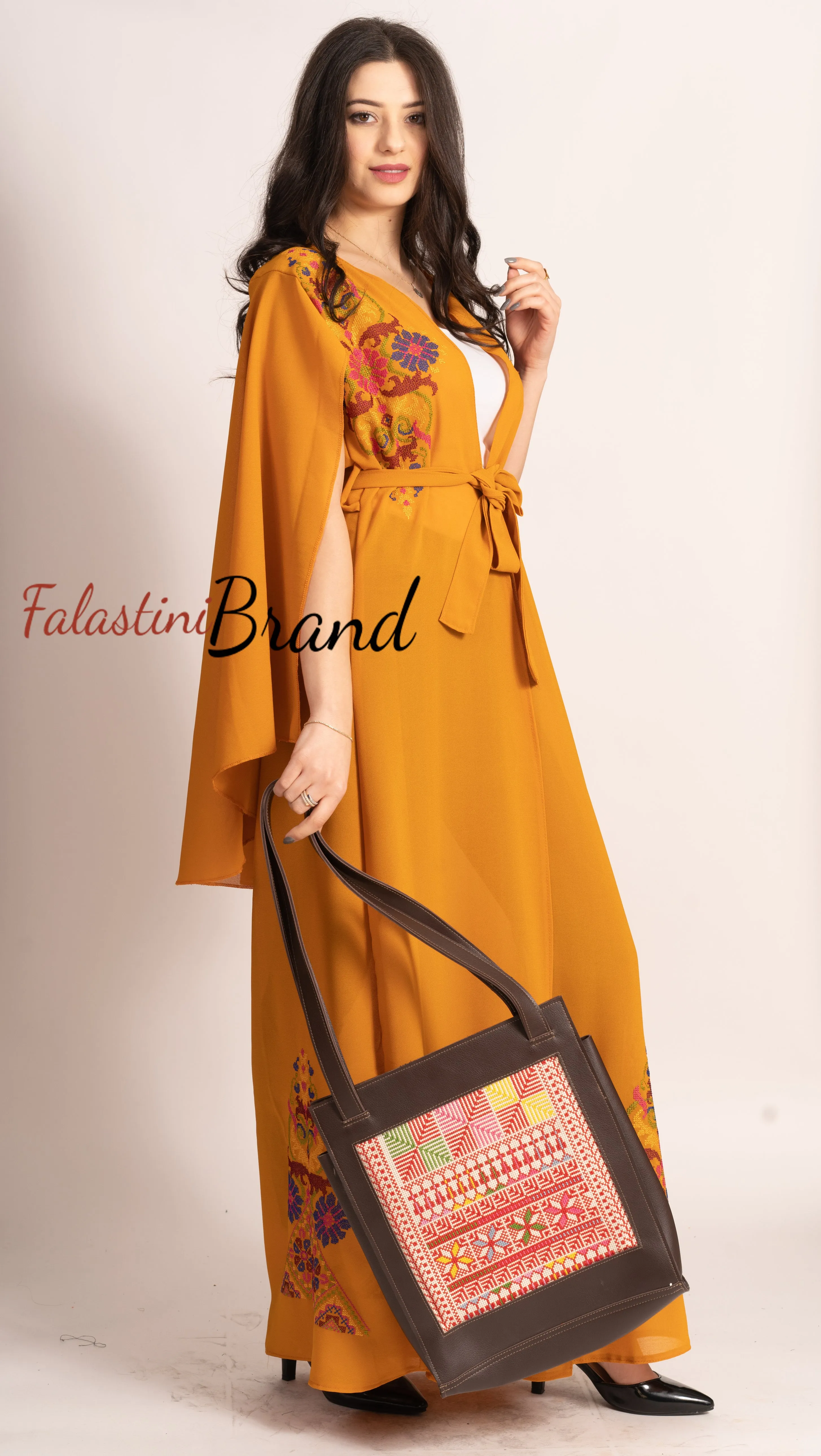 Stunning Ochre Georgette Embroidered Open Cape Abaya