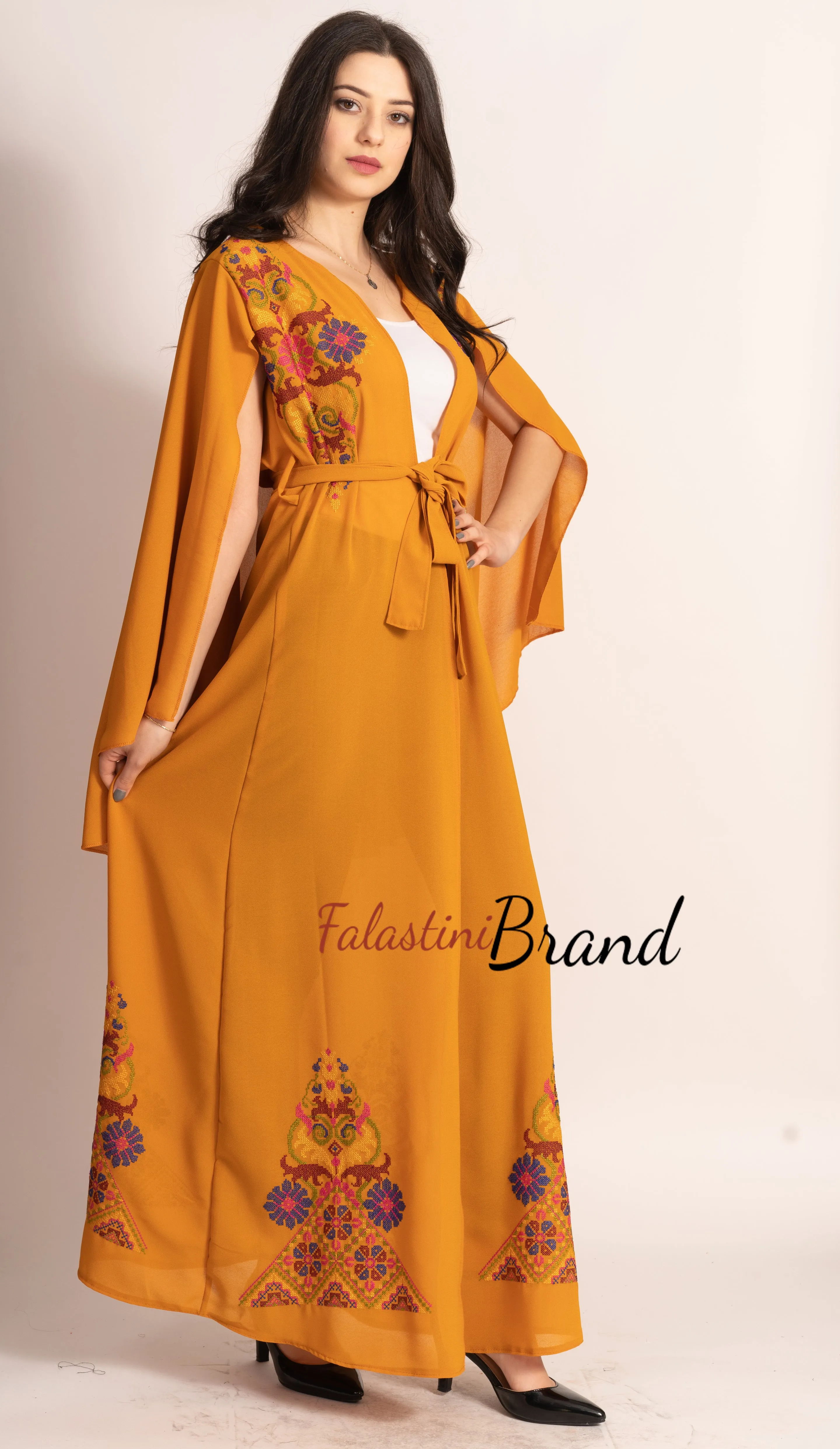 Stunning Ochre Georgette Embroidered Open Cape Abaya