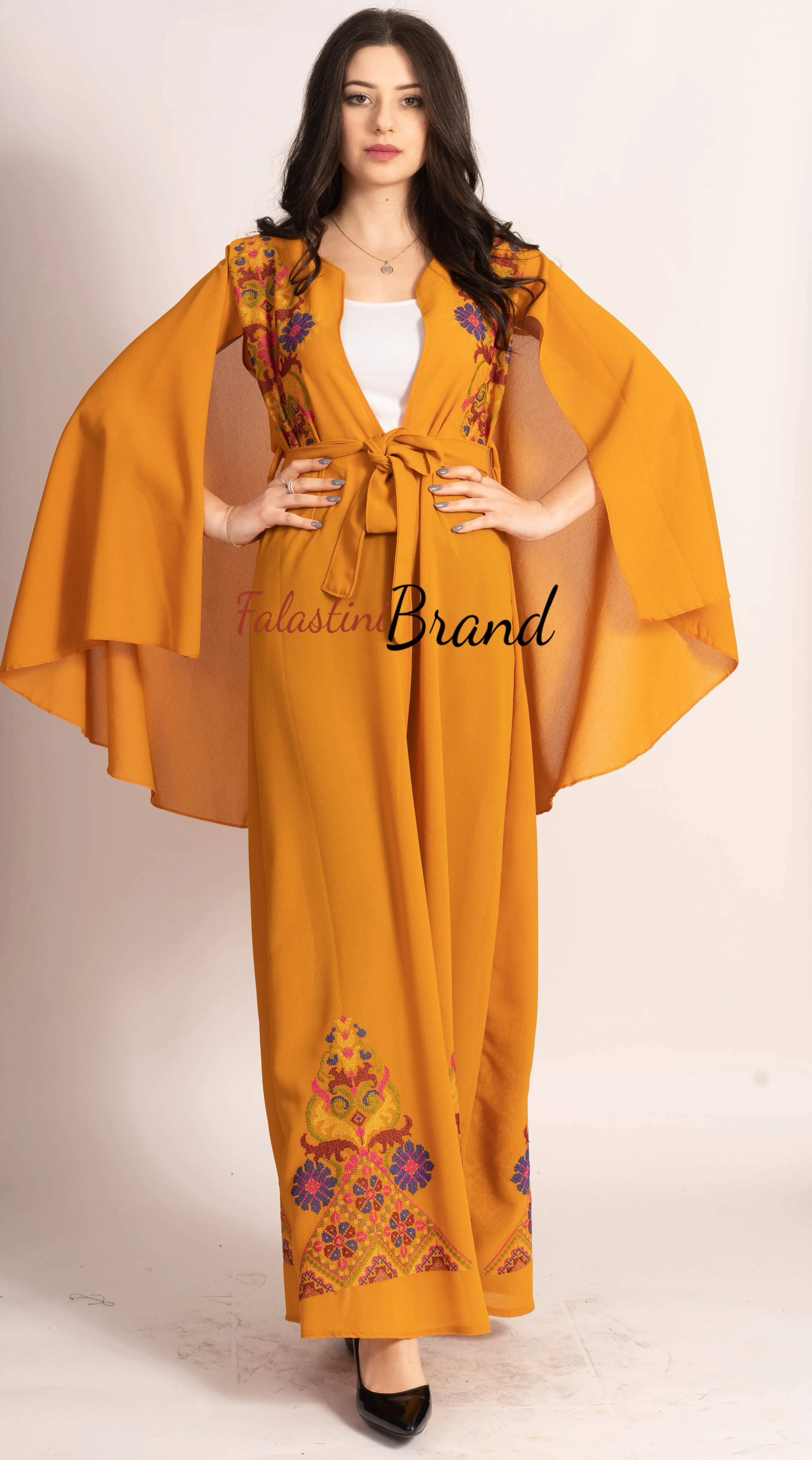 Stunning Ochre Georgette Embroidered Open Cape Abaya