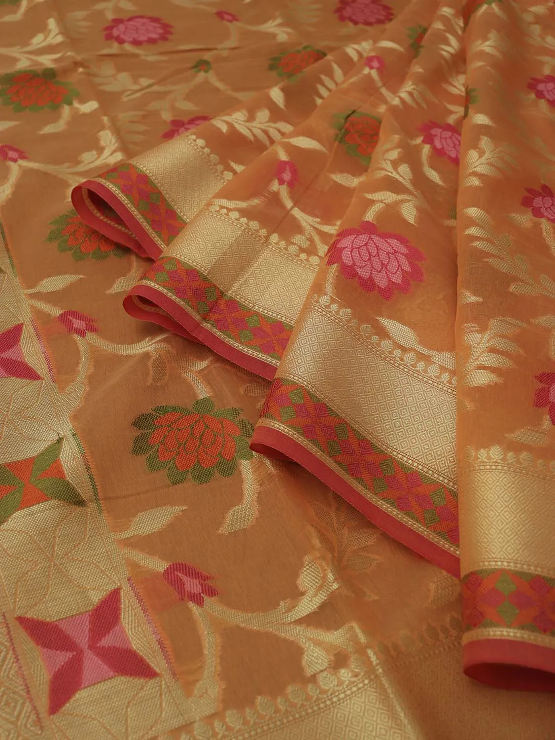 Stunning Orange Banarasi Cotton Silk Saree with Meenakari Work