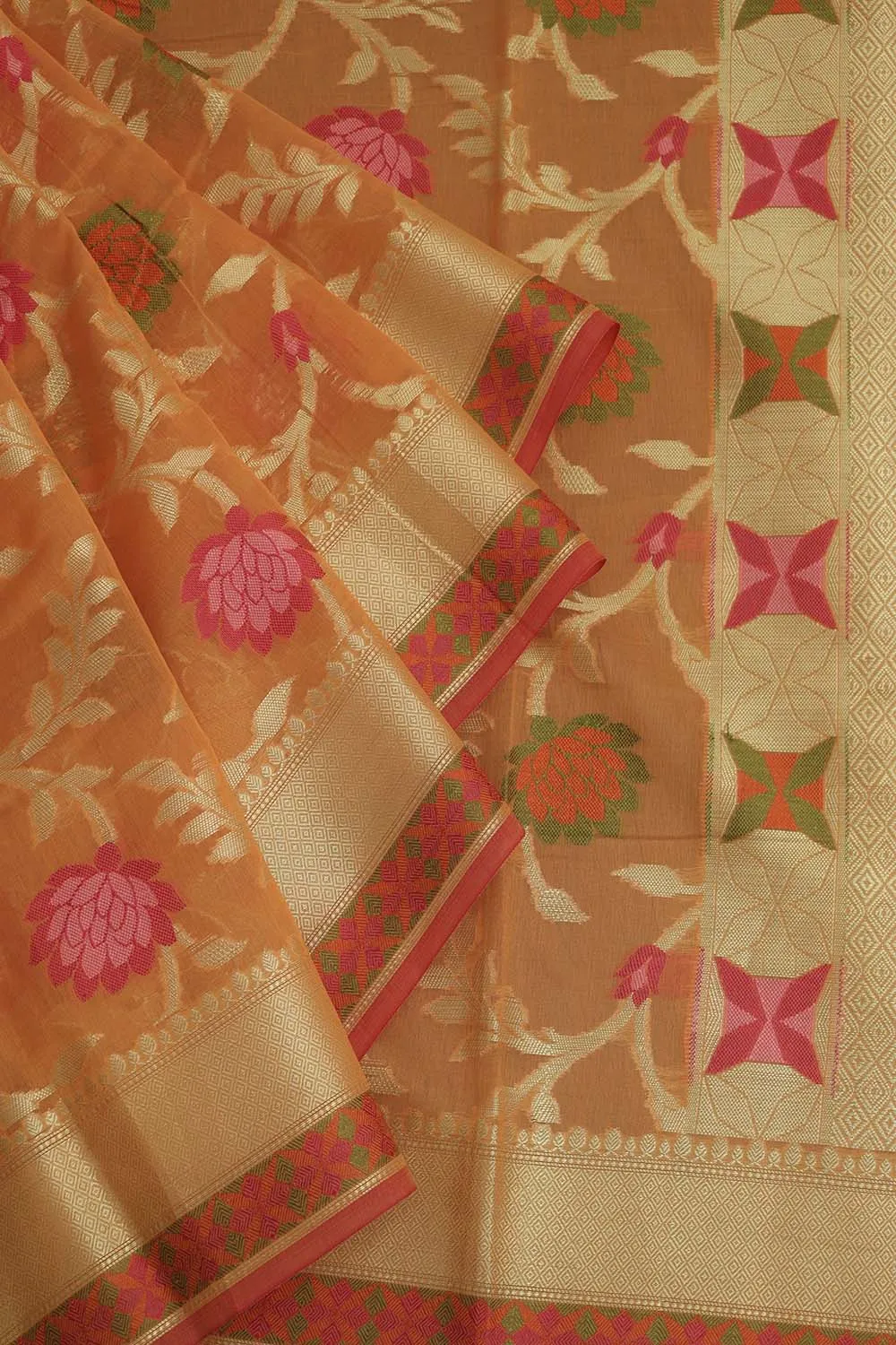 Stunning Orange Banarasi Cotton Silk Saree with Meenakari Work