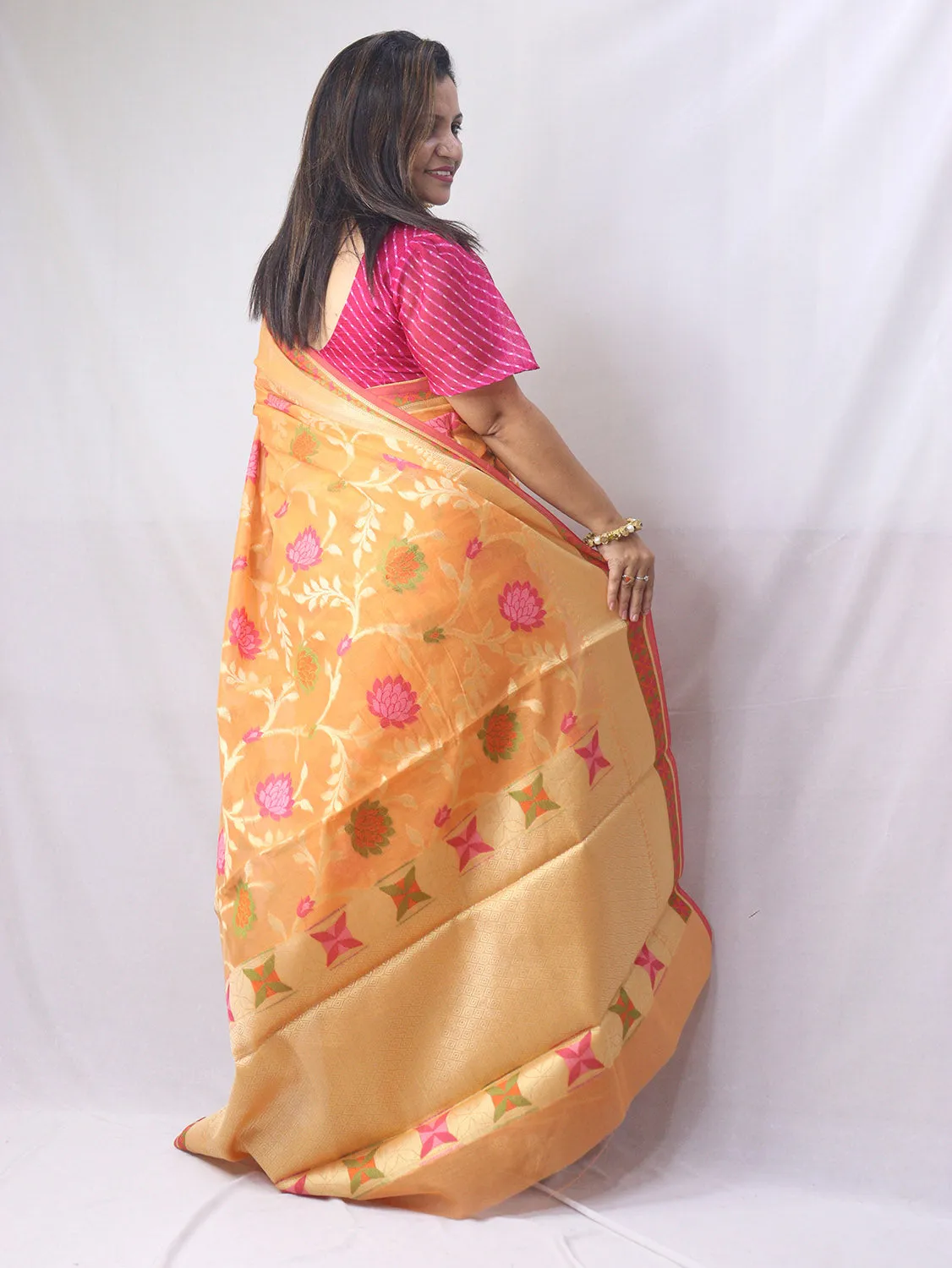 Stunning Orange Banarasi Cotton Silk Saree with Meenakari Work