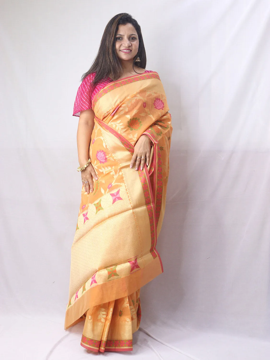 Stunning Orange Banarasi Cotton Silk Saree with Meenakari Work