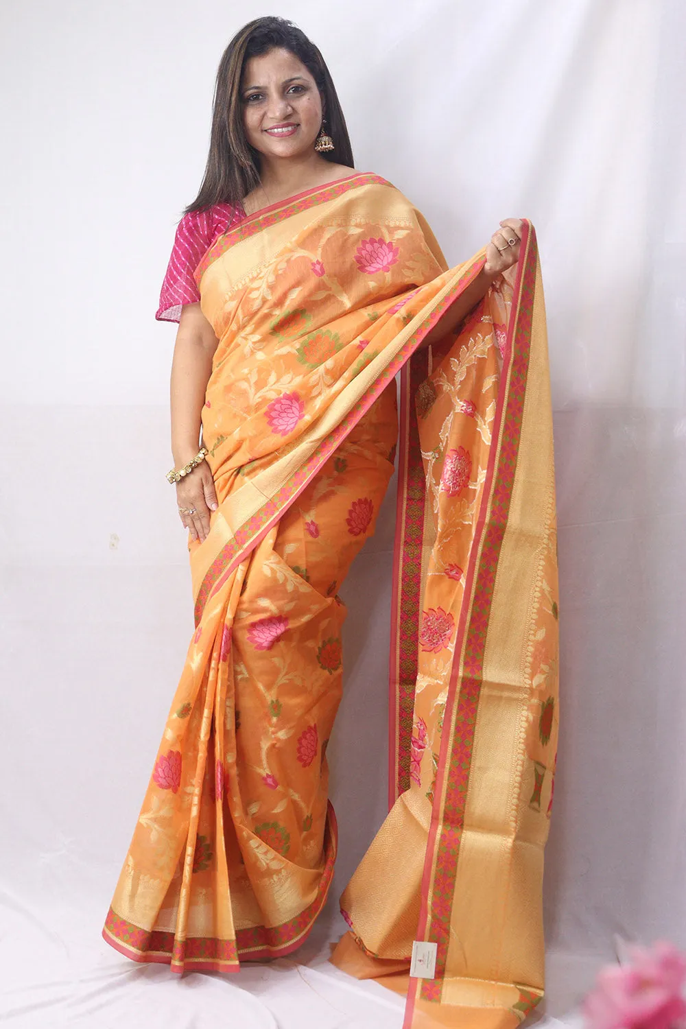 Stunning Orange Banarasi Cotton Silk Saree with Meenakari Work