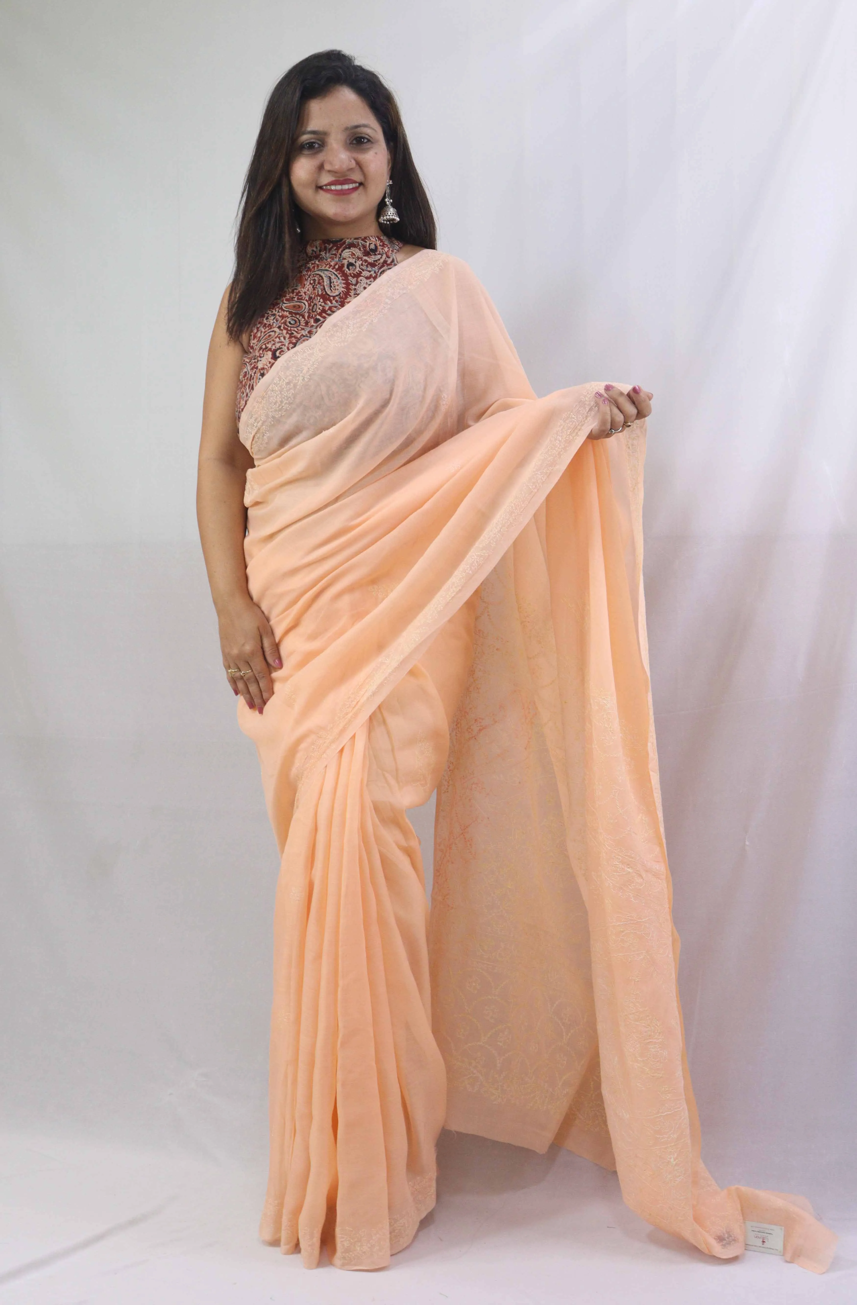 Stunning Orange Chikankari Saree with Intricate Embroidery - Pure Cotton