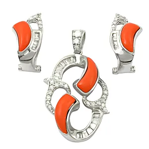 Stunning Orange Coral Cubic Zirconia Gemstone Silver Pendant Set