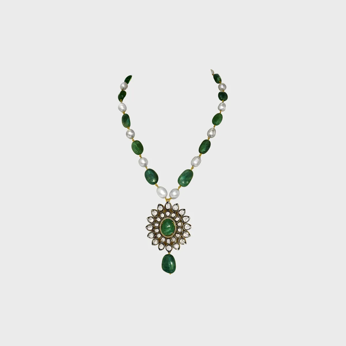 Stunning Pendant with Emerald Cabochons and Diamond Polki - (KMNE3411)