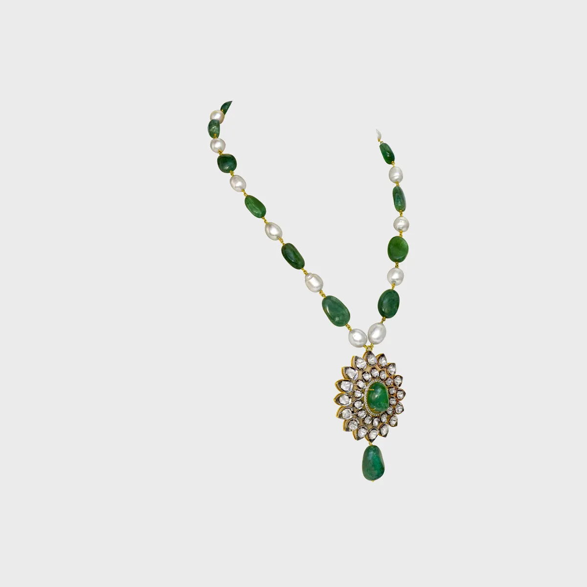 Stunning Pendant with Emerald Cabochons and Diamond Polki - (KMNE3411)