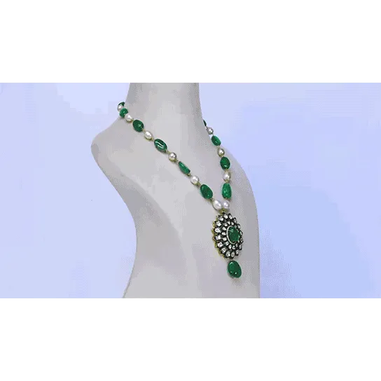 Stunning Pendant with Emerald Cabochons and Diamond Polki - (KMNE3411)