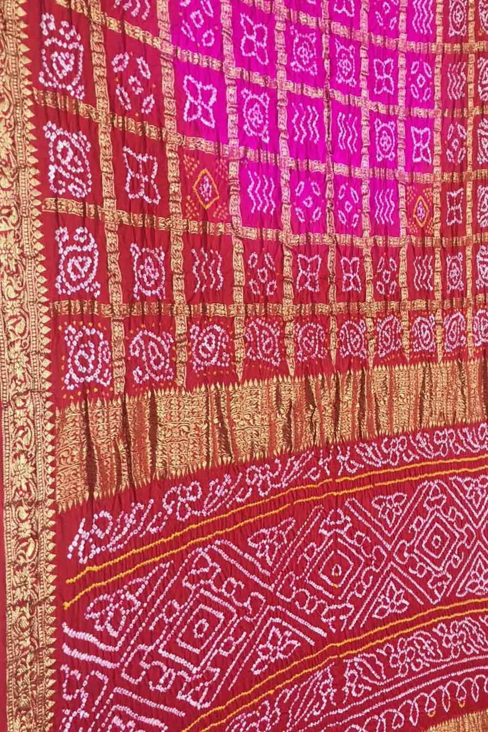 Stunning Pink & Red Bandhani Gajji Silk Saree