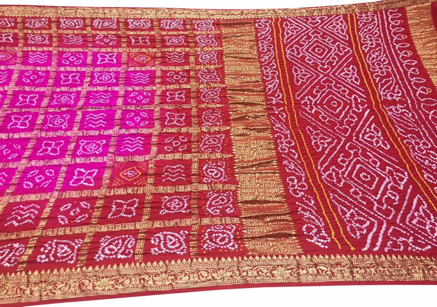 Stunning Pink & Red Bandhani Gajji Silk Saree