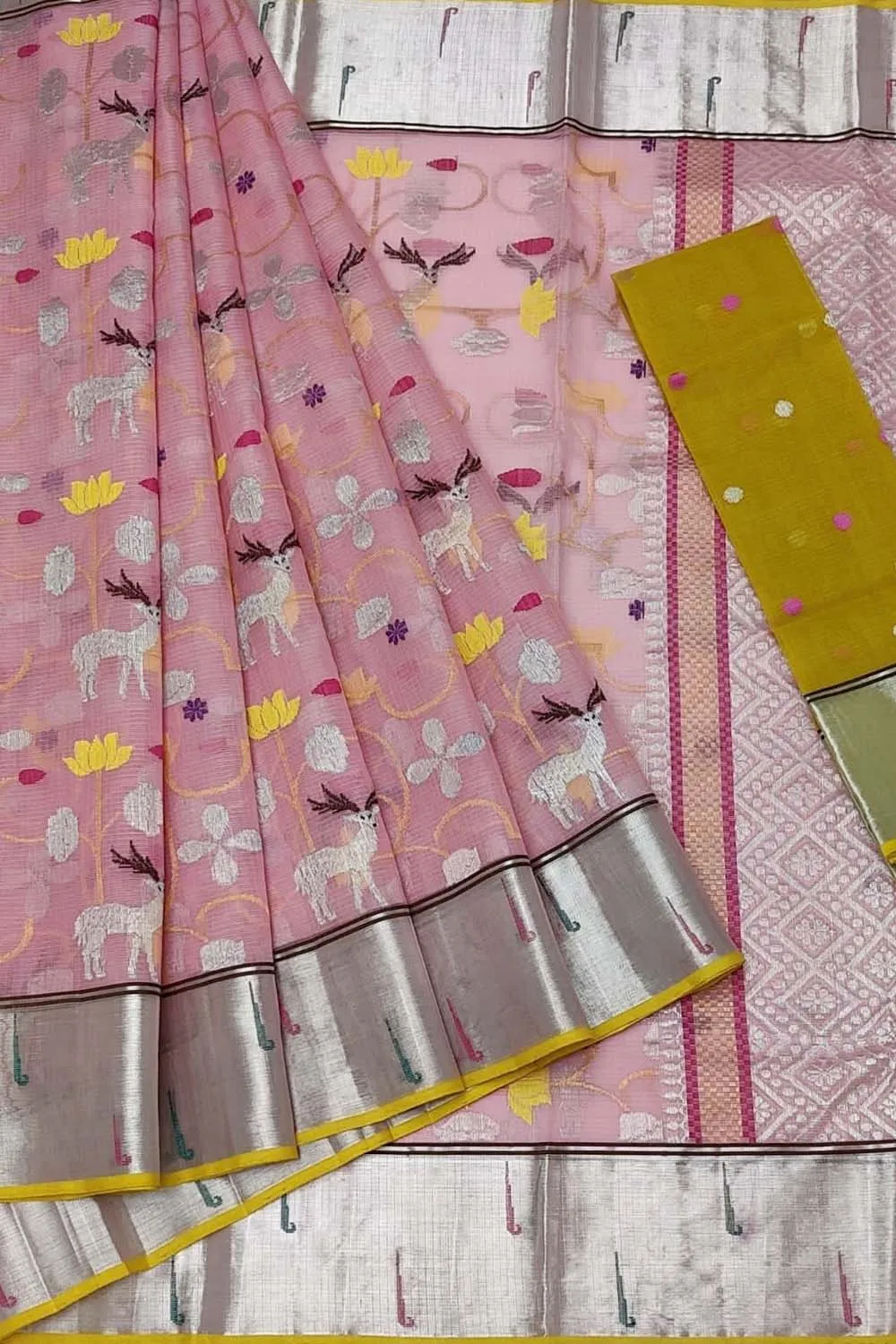 Stunning Pink & Yellow Handloom Kota Doria Zari Saree