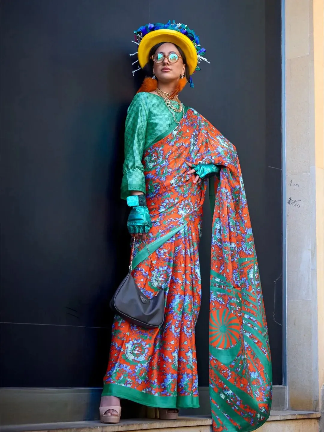 Stunning Sea Green Contemporary Printed Satin Crepe Saree