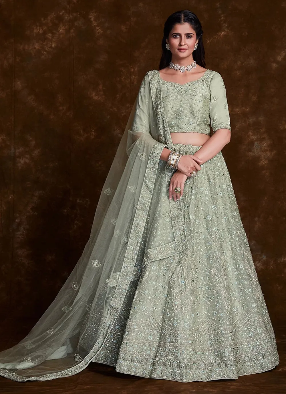 Stunning Sea Green Thread Work Organza Designer Lehenga Choli