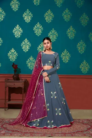 Stunning Steel Blue Color Georgette Base Mirror Work Lehenga Choli