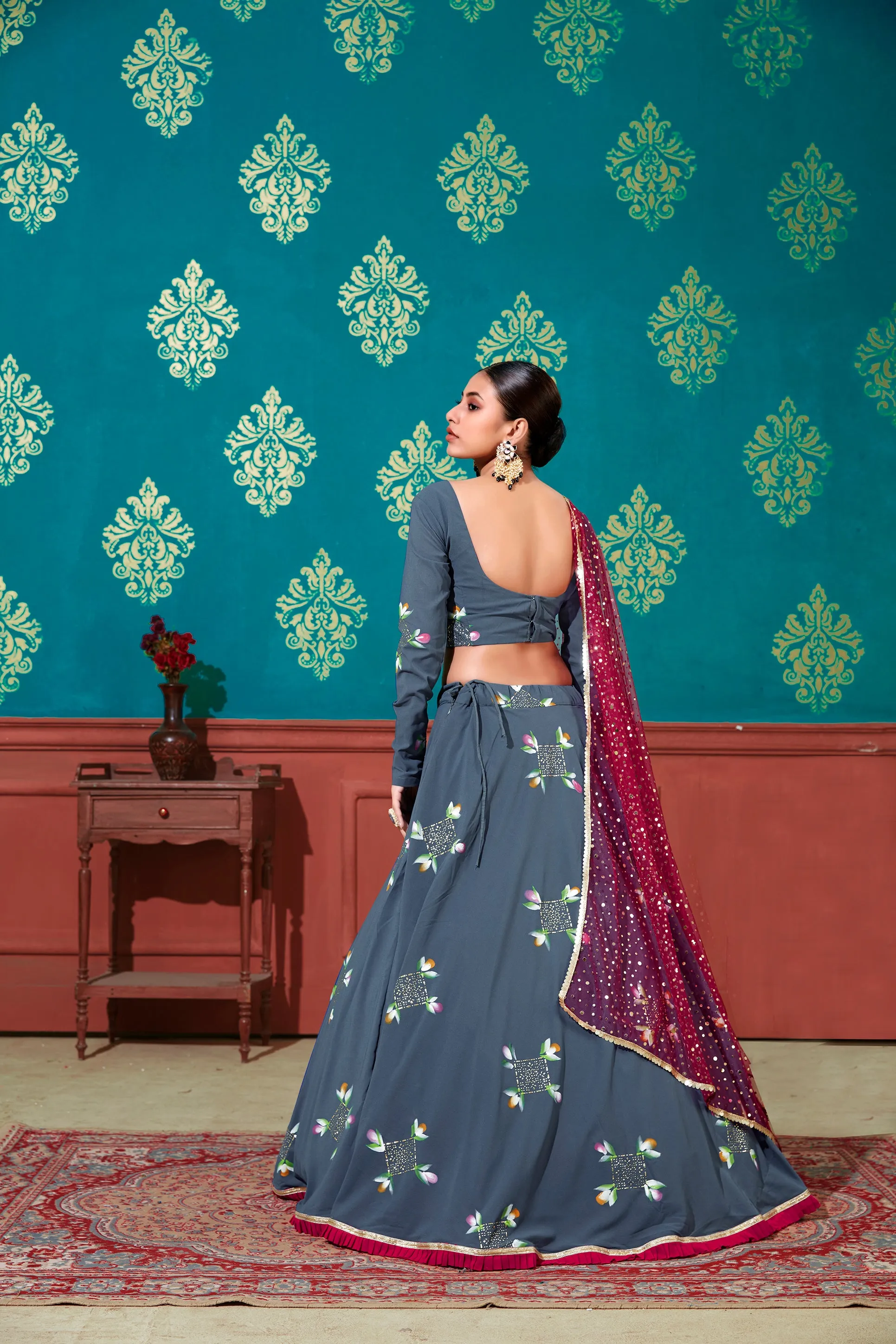 Stunning Steel Blue Color Georgette Base Mirror Work Lehenga Choli