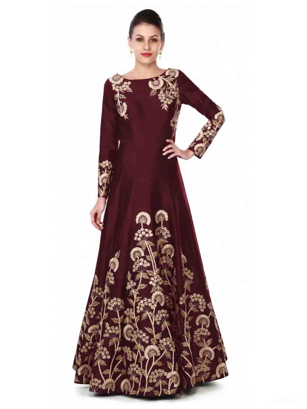 Stunning Tafetta Silk Maroon Semi Stitched Gown