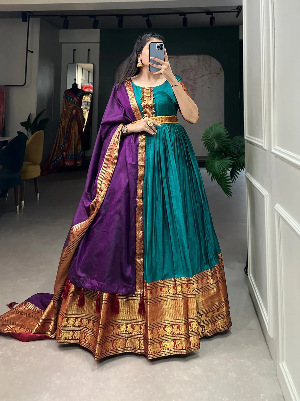 Stunning Teal Traditional Narayanpet Gown with Dupatta & Belt