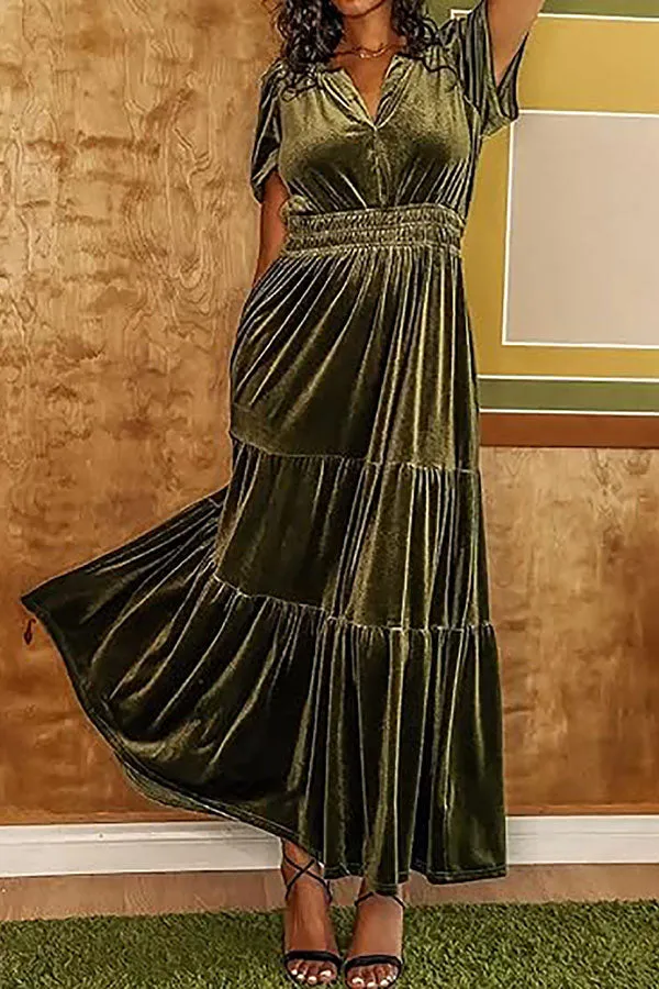 Stunning V-Neck Velvet Stretch Waist Pocket Pleated Maxi Dress