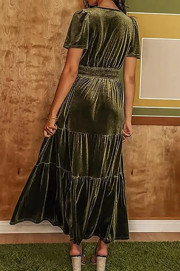 Stunning V-Neck Velvet Stretch Waist Pocket Pleated Maxi Dress