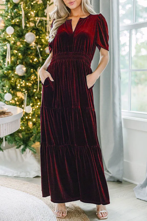 Stunning V-Neck Velvet Stretch Waist Pocket Pleated Maxi Dress