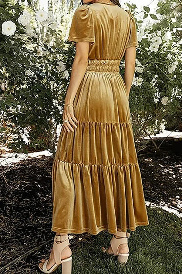 Stunning V-Neck Velvet Stretch Waist Pocket Pleated Maxi Dress