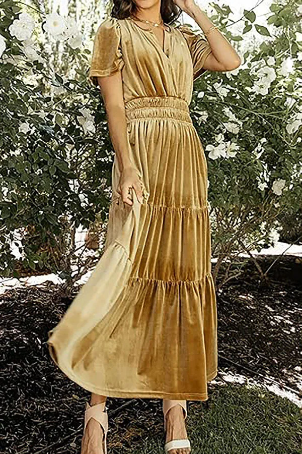 Stunning V-Neck Velvet Stretch Waist Pocket Pleated Maxi Dress