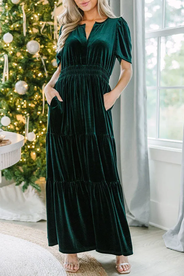 Stunning V-Neck Velvet Stretch Waist Pocket Pleated Maxi Dress