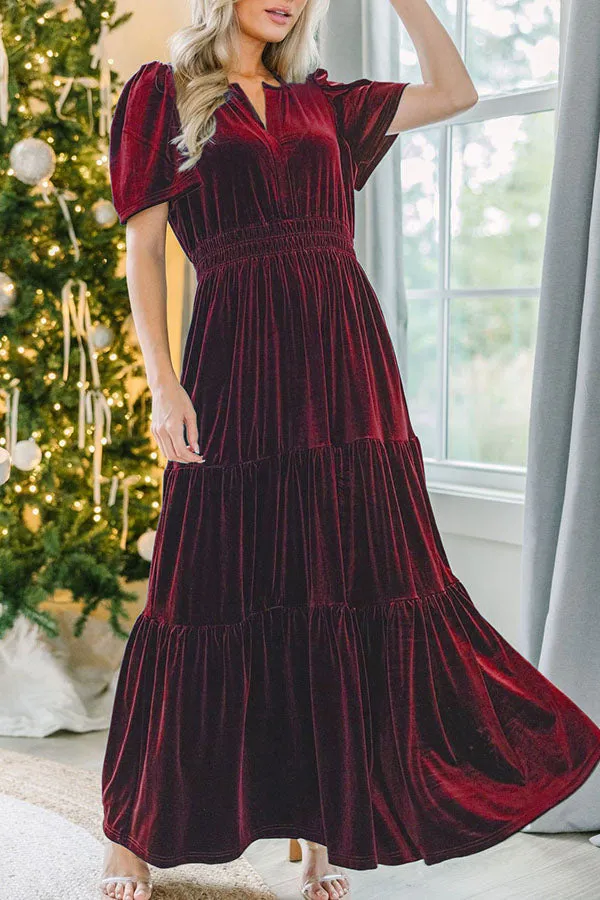 Stunning V-Neck Velvet Stretch Waist Pocket Pleated Maxi Dress