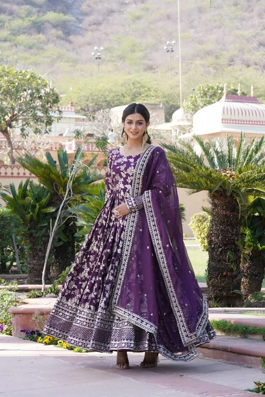 Stunning Viscous Jacquard Sequins Embroidered Worked Gown With Dupatta