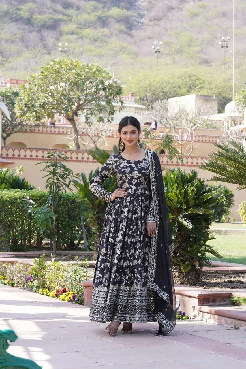 Stunning Viscous Jacquard Sequins Embroidered Worked Gown With Dupatta