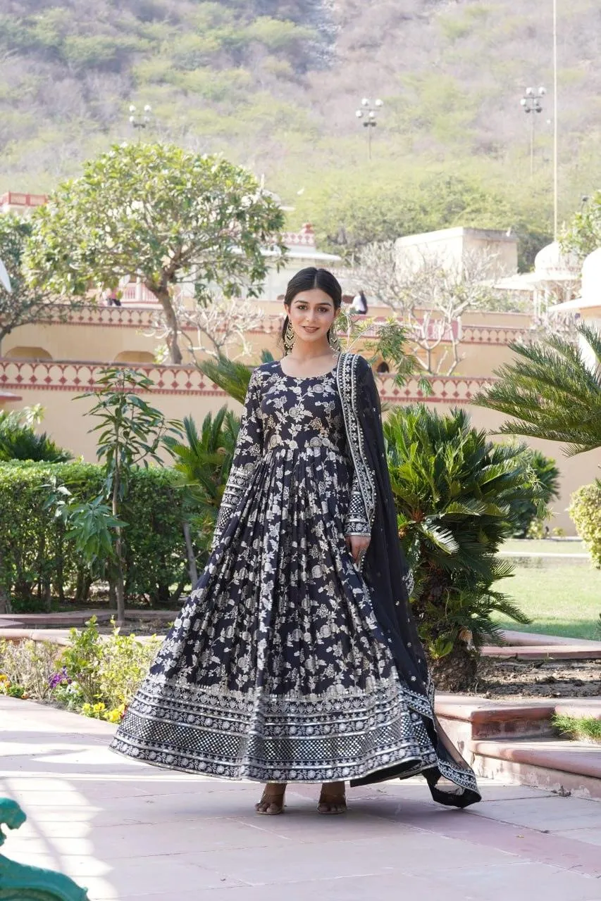 Stunning Viscous Jacquard Sequins Embroidered Worked Gown With Dupatta