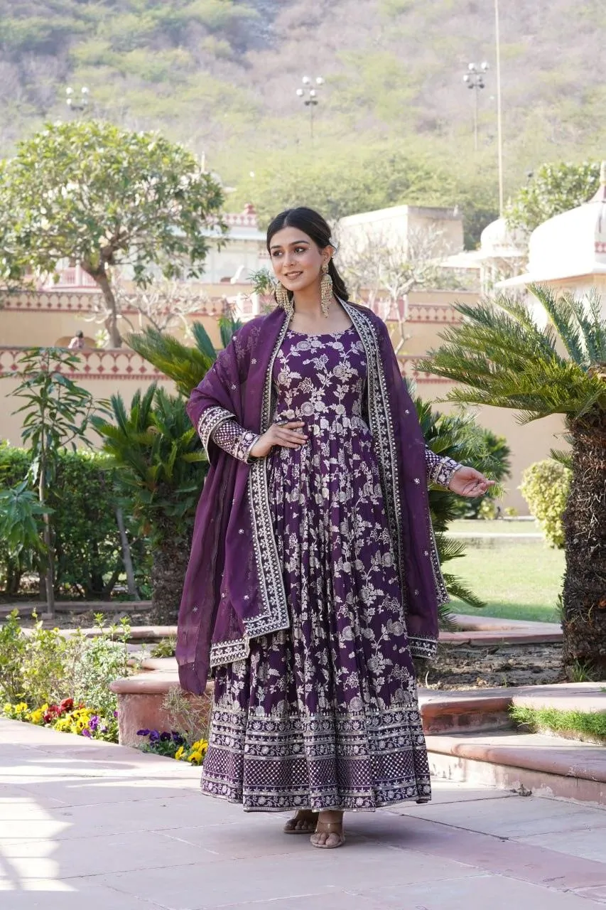 Stunning Viscous Jacquard Sequins Embroidered Worked Gown With Dupatta