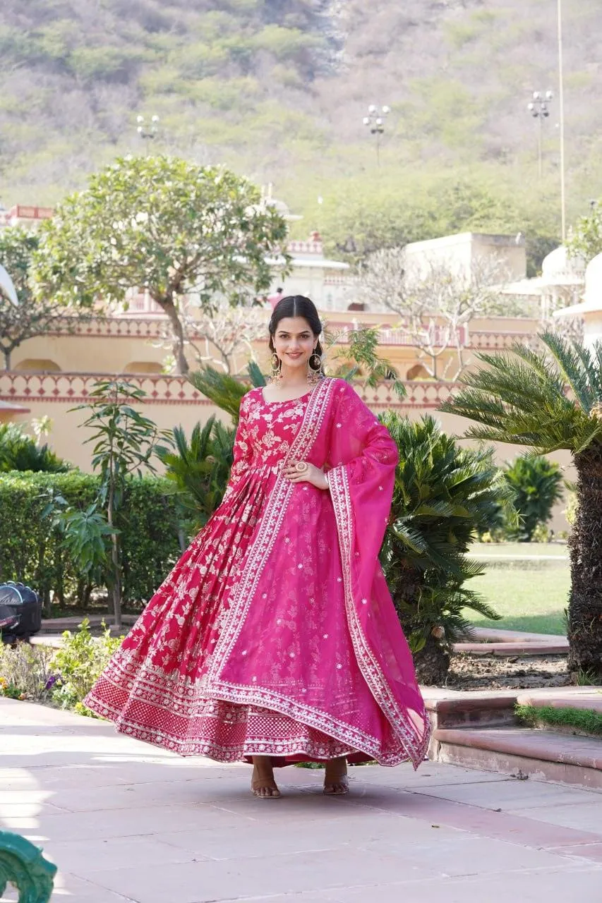 Stunning Viscous Jacquard Sequins Embroidered Worked Gown With Dupatta