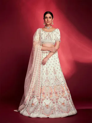 Stunning White Georgette Embroidered Semi Stitched Lehenga Choli