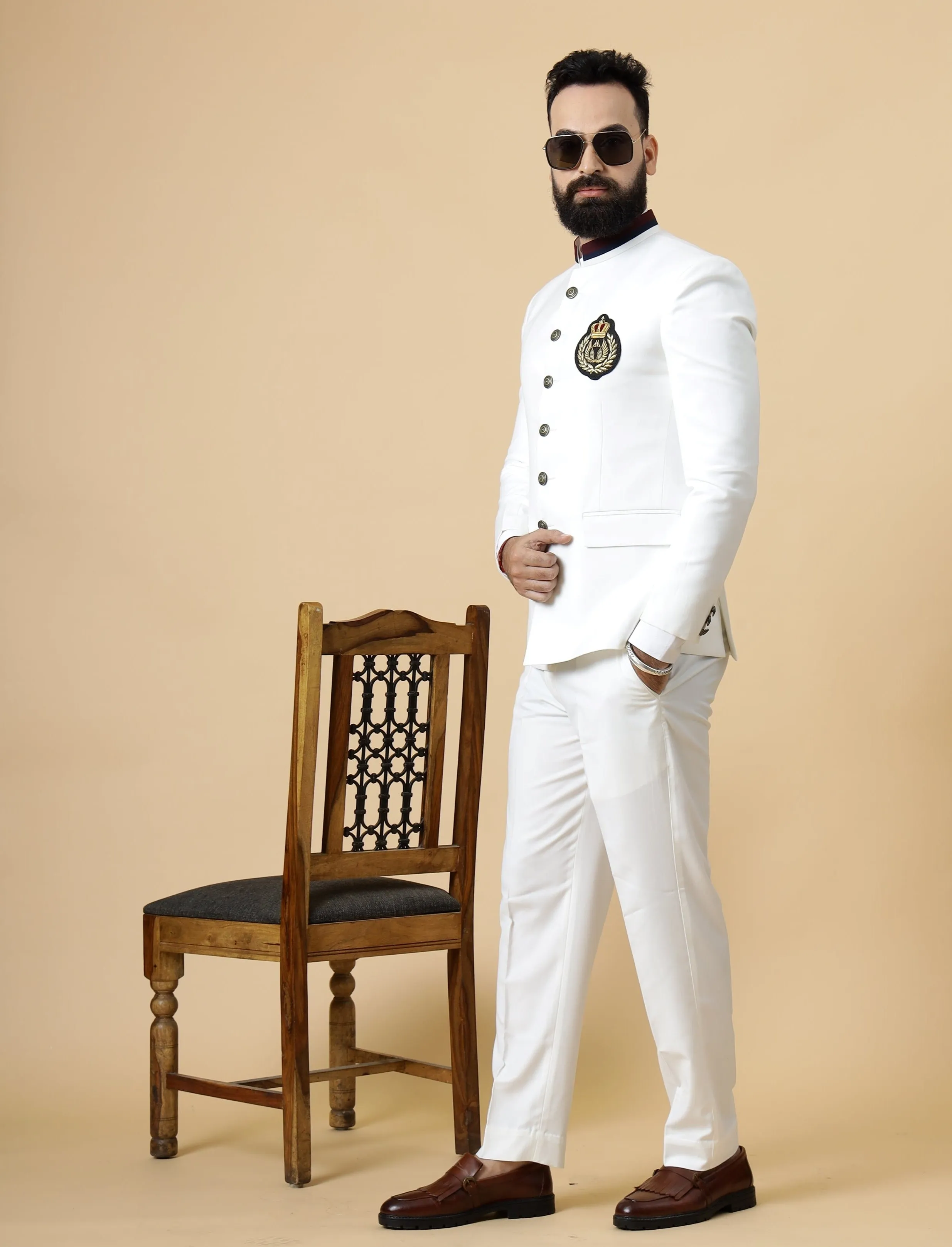 Stunning White Patch Embroidered Jodhpuri Suit for Men