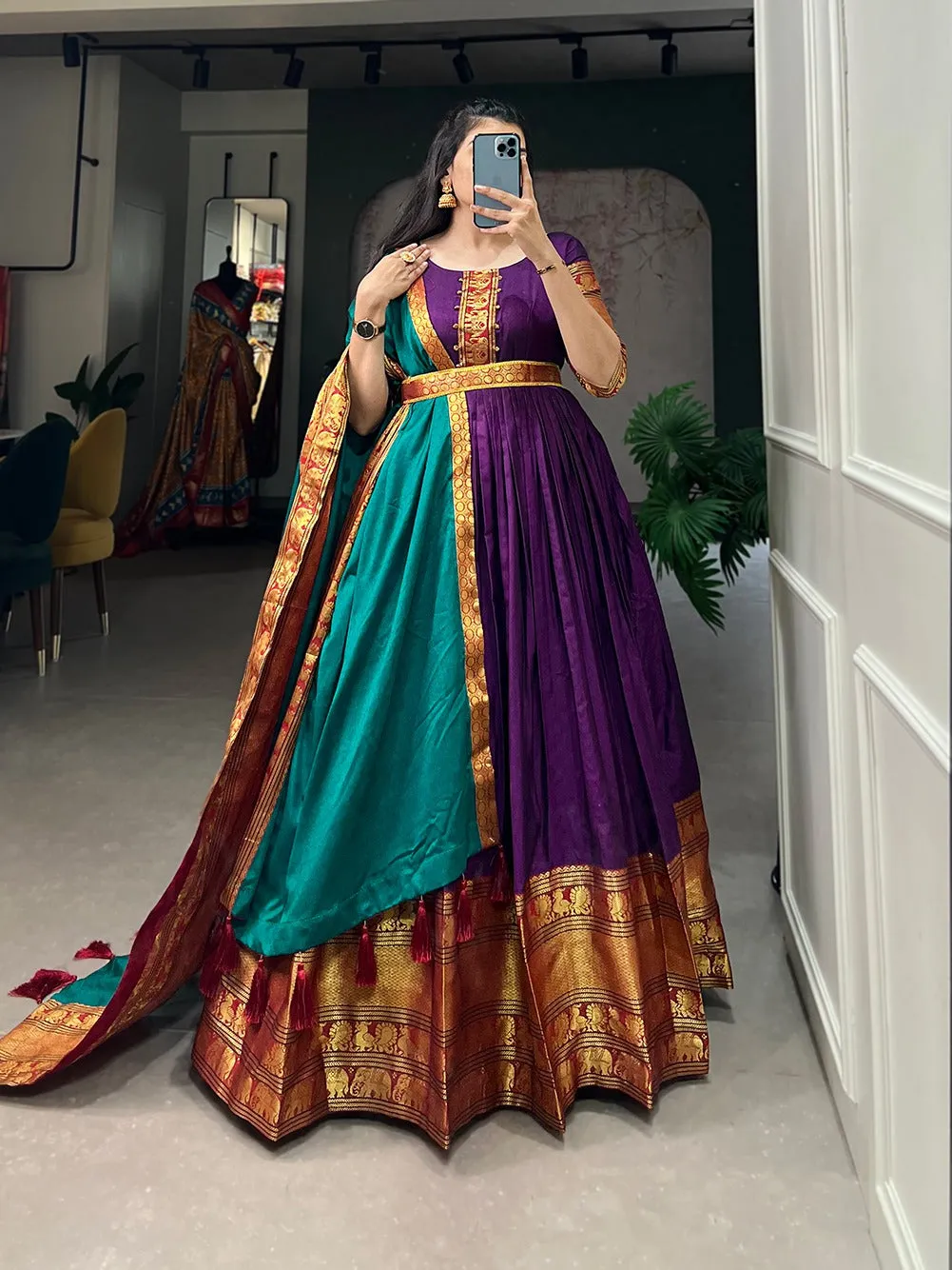 Stunning Wine Traditional Narayanpet Gown with Dupatta & Belt