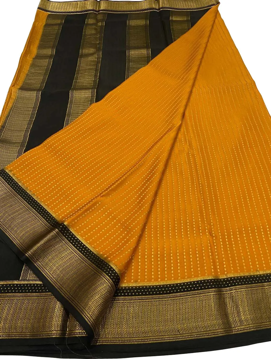 Stunning Yellow & Black Mysore Crepe Silk Saree