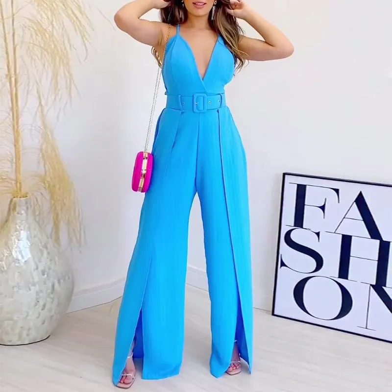 Suspender V-neck high waist slit jumpsuit