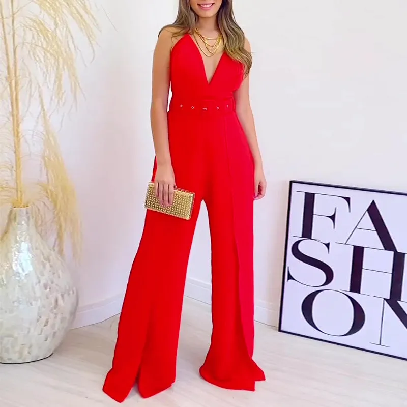 Suspender V-neck high waist slit jumpsuit