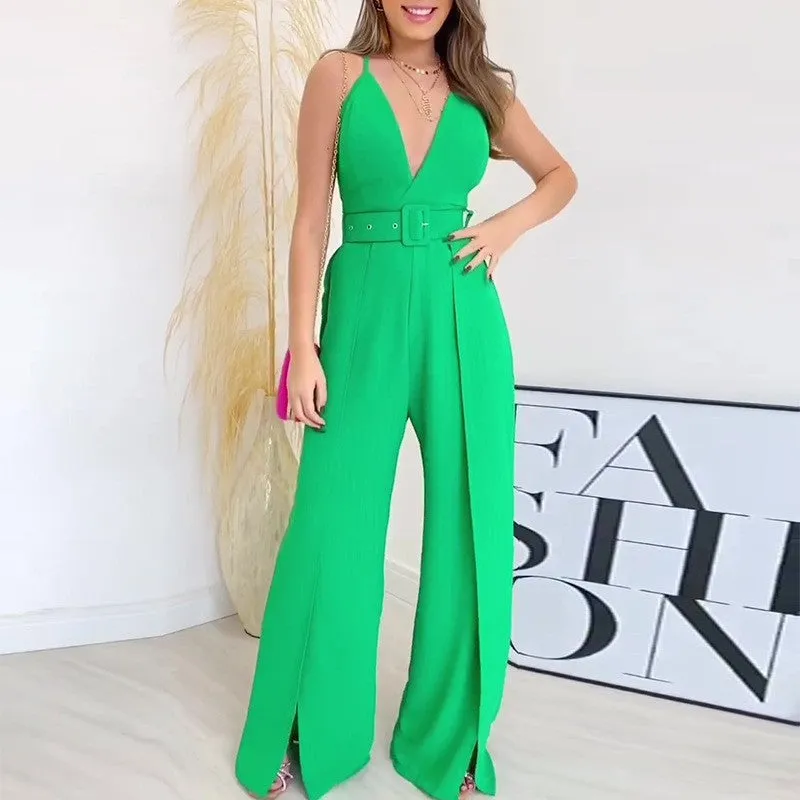 Suspender V-neck high waist slit jumpsuit