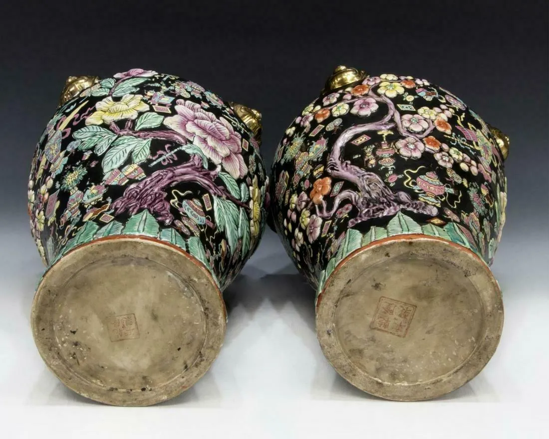 Temple Jars, Chinese Famille, Pair, Noir Porcelain, Stunning!